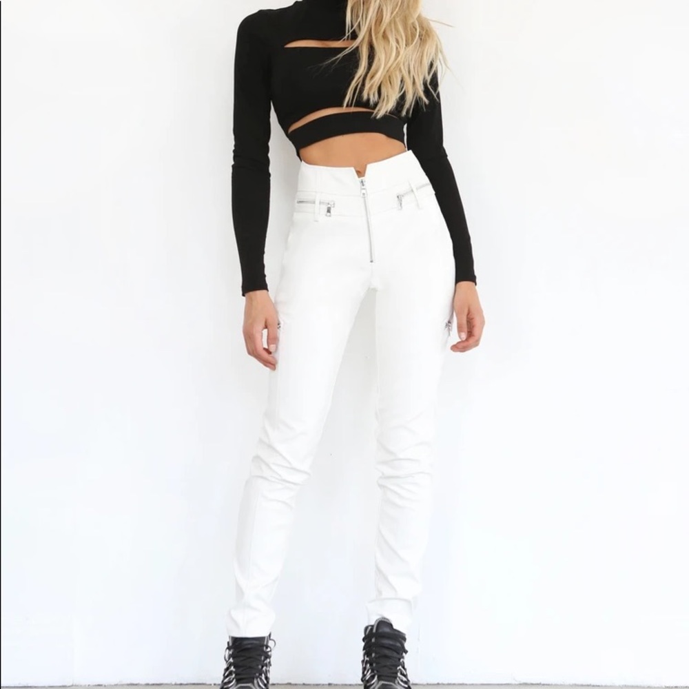 Tiger mist white leather pants Zip High Wait